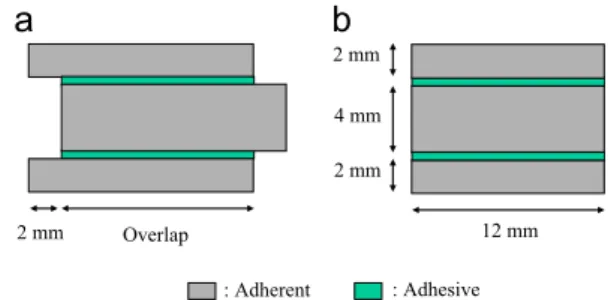 Fig. 1. Compression-shear sample: (a) longitudinal view and (b) transverse view.