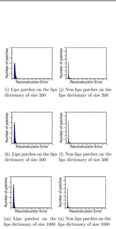 Figure 5.5: Histograms obtained using the reconstruction errors for the lips and the non-lips class, using the class specic dictionaries for the lips and the non-lips classes.