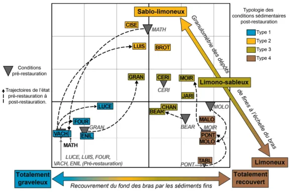 Fig. 6 – Typologie des conditions sédimentaires moyennes mesurées après travaux dans les bras restaurés du  Haut-Rhône  et  de  Pierre-Bénite  intégrés  au  suivi  sédimentaire  (Analyse  en  Composantes  Principales   inter-lônes)