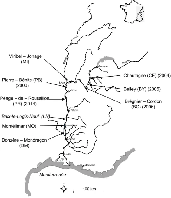Fig. 1 – Le Rhône, identification des secteurs prioritaires (le secteur de Baix-le-Logis-Neuf figure sur la carte en  raison des enjeux importants de la restauration dans ce secteur), les années de restauration sont indiquées