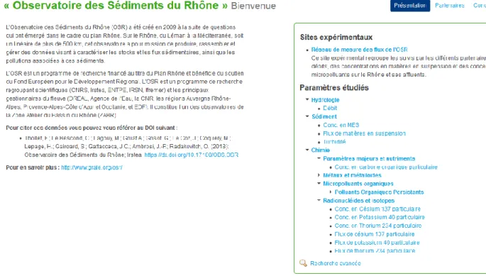 Figure 6a : page d’accueil de l’observatoire avec accès rapide aux paramètres classifiés par familles 