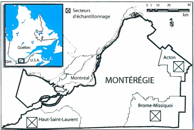 FIGURE 1. Localisation des trois secteurs agro-forestiers étudiés dans la région de la Montérégie