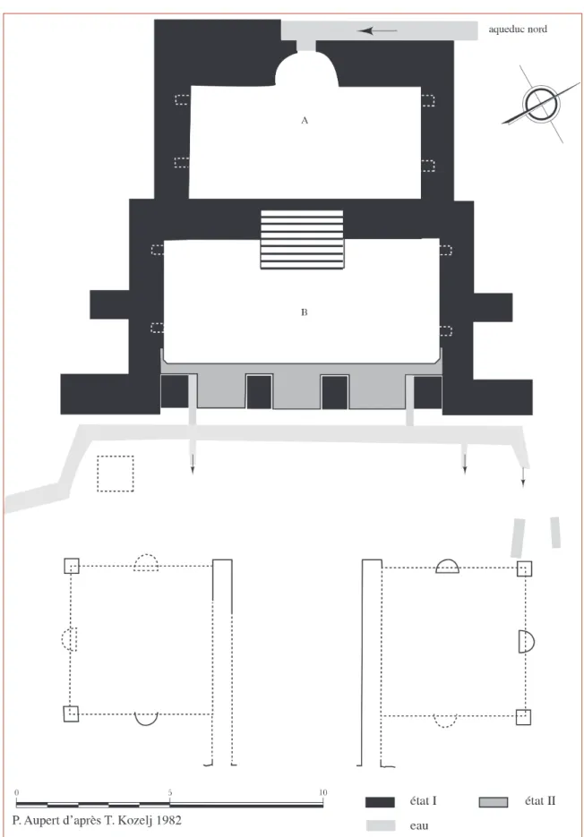 Fig. 2. Plan du nymphée et des différents dispositifs hydrauliques se développant sur sa terrasse