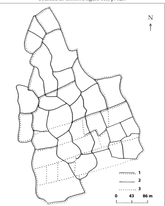 Figure 1 : Recouvrement d’un parcellaire d’écobuage à parcelles fermées  de murets ou de talus par un parcellaire de propriété à parcelles 