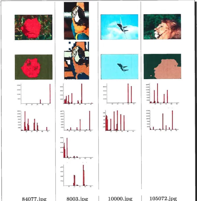 Figure 3.6: Chaque colonne contient l’image exemple, l’image segmentée en régions couleurs de l’espace HSV, les histogrammes 6xH+3xS+3xV+4 de chaque région