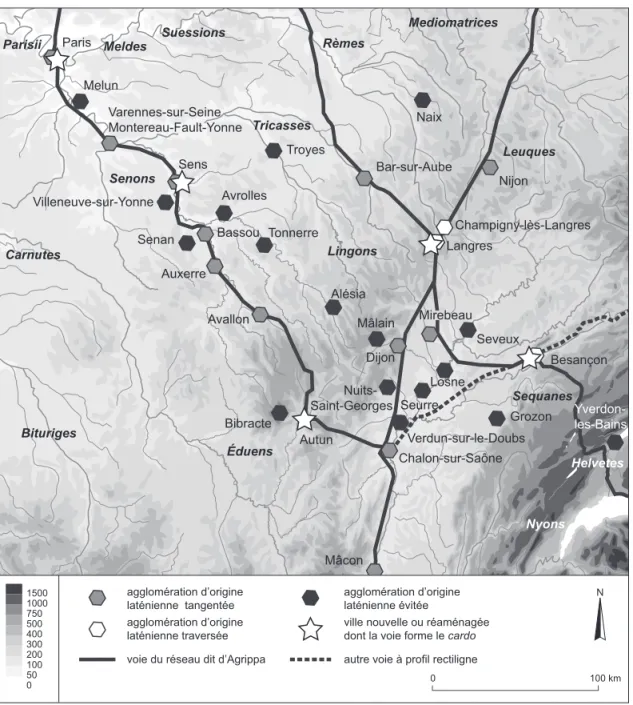 Fig. 4 – Le tracé des voies du réseau d’Agrippa et les agglomérations du Centre-Est de la Gaule   (d’après Kasprzyk, Nouvel, 2011).