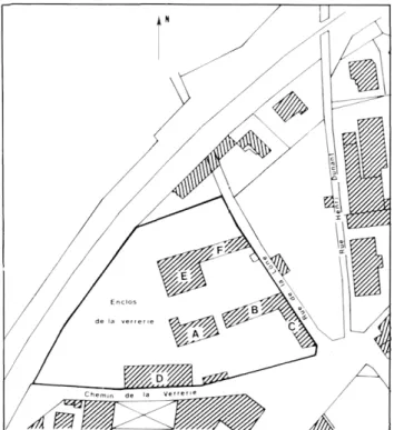 Fig.  1  -  Plan  de situation  des bâtiments  et  de l'enclos d'après  le  cadastre  de  1963