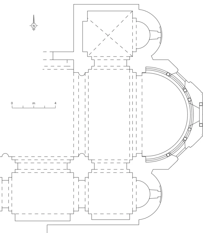 Fig. 4  – Plan partiel restitué de l’église (a. Hartmann-virnich, l. maggiori,  lamm umr 6572, dao redressée d’après un plan métré antérieur 