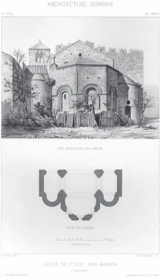 Fig. 2 – vue extérieure du chevet et plan des parties  orientales d’après révoil (1859-1866) 1873 i, pl