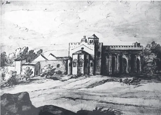 Fig. 3 – vue de l’église du nord-est avant la suppression de la nef  en 1763. dessin de l’album de la collection de laincel