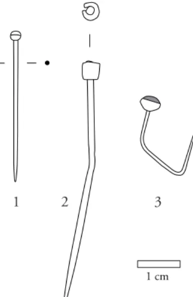 Fig. 1 : Exemples d’épingles et de ferrets de lacet : 1 et 2, xvii e -xviii e et xi e -milieu xiii e  siècles, Cathédrale Notre-Dame du Bourg, Digne 