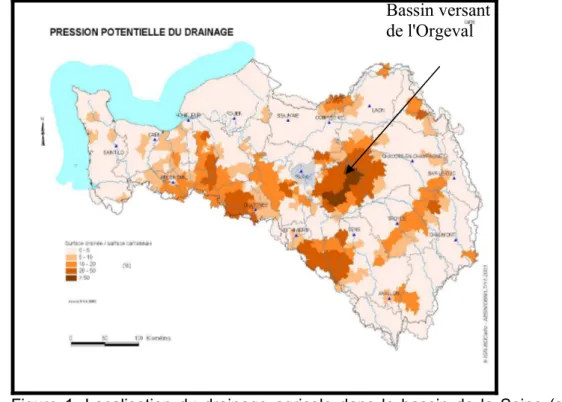 Figure 1. Localisation du drainage agricole dans le bassin de la Seine (source RGA  2000 et AESN).