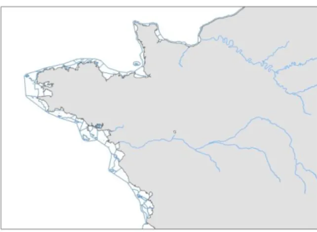 Figure 3: Exemple de carte des masses d’eau côtière et de transition pour la côte Atlantique-Manche (Ouest de la France) 
