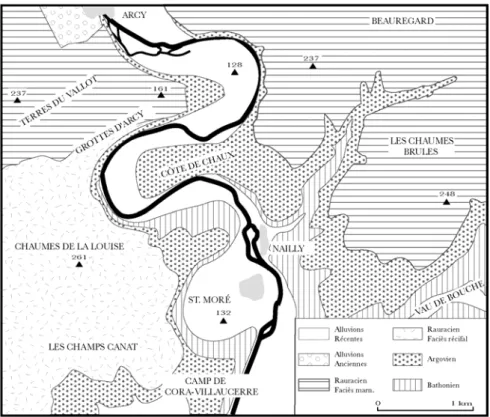 Fig. 23 : Carte géologique simplifiée des environs des grottes d’Arcy-sur-Cure ; d’après  Meignen 1959 in Girard 1978