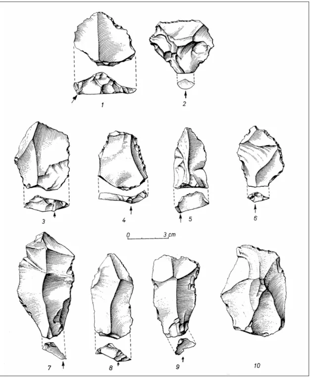 Fig. 33 : Grotte du Renne, couche XII : Pièces à retouche abrupte mince ; d’après Girard 1980