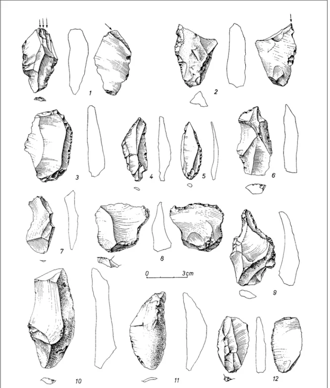 Fig. 38 : Grotte du Renne, couche XI : Industrie lithique ; d’après Girard 1980. 