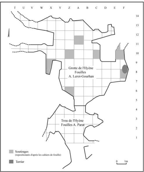 Fig. 40 :  Grotte de l’Hyène : Topographie ; d’après Girard 1978, modifié d’après  les cahiers de fouille de A