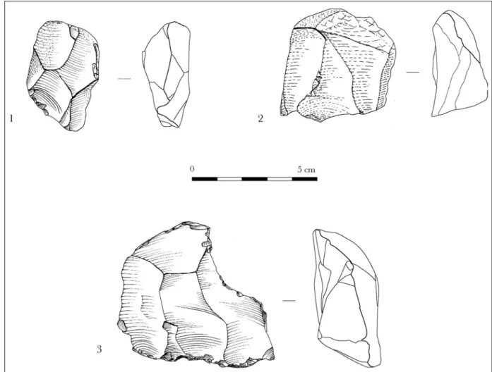 Fig. 47 : Grotte de l’Hyène, couche IVb1 :  n° 1 nucléus bipolaire en chaille ; n° 2 nucléus unipolaire en chaille  grenue ; n° 3 nucléus unipolaire en silex