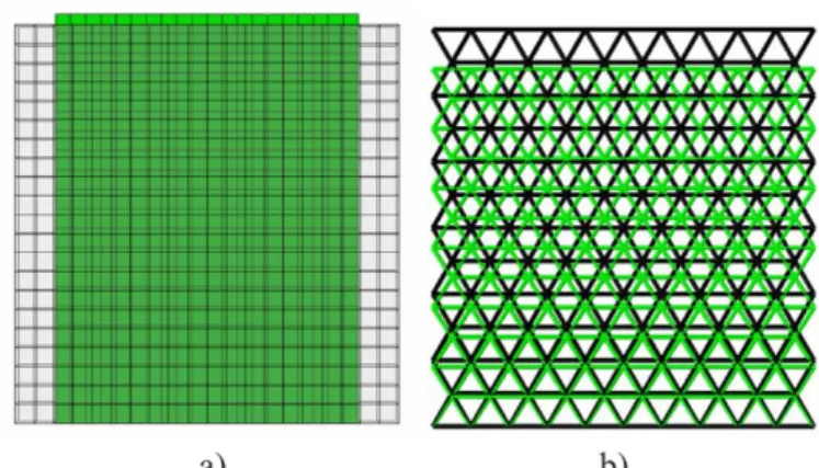 Figure 4. Undeformed and deformed shape for Case 1:  a) continuum model, b) lattice model  