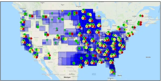 Figure 5 : Cartographie des Banks et In-Lieu Fee sites aux Etats-Unis (RIBITS). Les ronds (Banks) et losanges (ILF  sites)  représentent  les  clusters  de  compensation