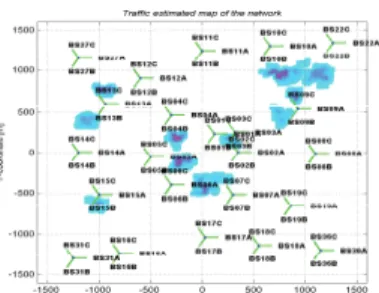 Fig. 3. Map of the network layout and the best serving cell in each pixel