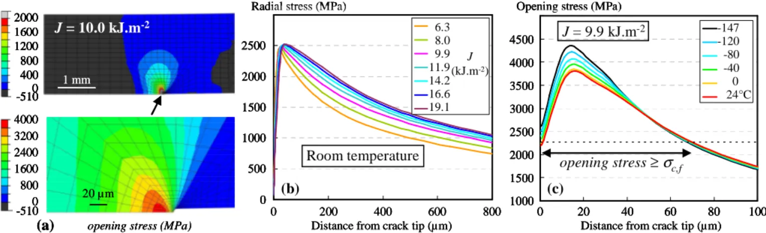 Figure 8. Model predictions of (a) opening stress field at room temperature in the weld, (b) radial stress  along the interface as a function of J and (c) opening stress profile as a function of temperature for Steel D  4.5