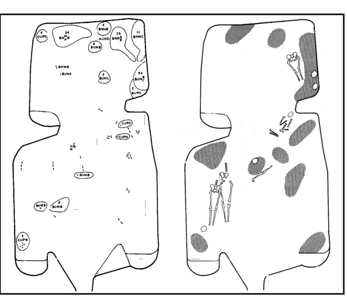 Fig. 10 –– Sépulture du Mesnil-sur-Oger « Les Mournouards » (Marne) : comparaison de la répartition spatiale de la parure en matière dure animale avec celle des inhumés dont le sexe et connu ; en noir les hommes, en blanc les femmes (d’après Leroi-Gourhan 