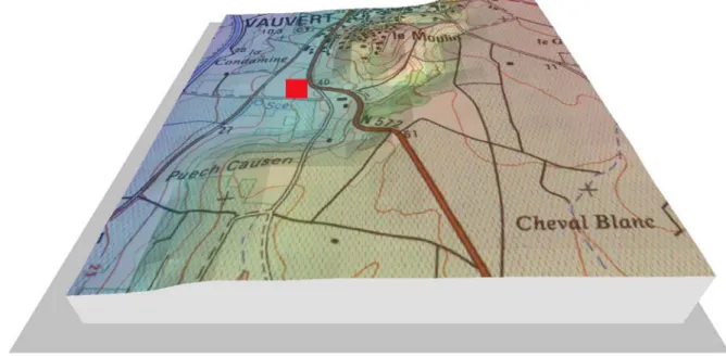 Figure 1 - Localisation du site des Piles loins, Vauvert – Gard. Vue en trois dimensions d’après la  carte IGN  1/25000 ème