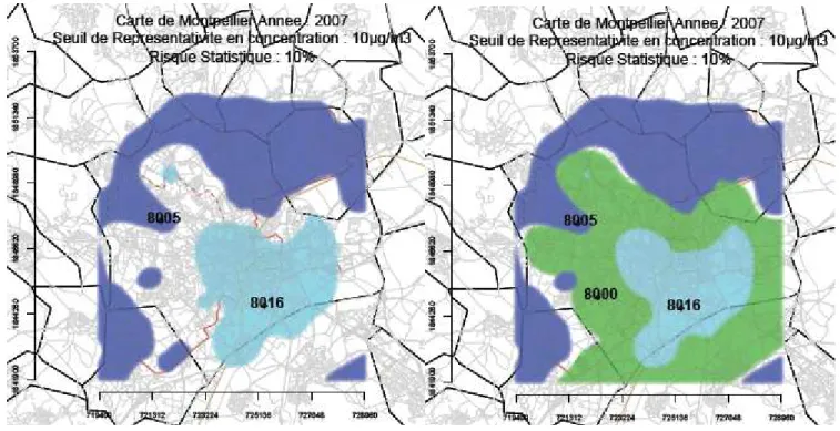 Figure 1: Areas of representativeness of the background monitoring sites for the French  city of Montpellier in 2007, for a threshold   of 10µg/m 3  and a risk fixed at 10% 