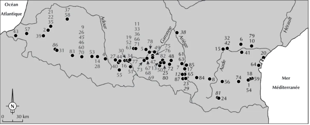 Fig. 1. Localisation des gisements pyrénéens dont la faune a fait l’objet d’étude (cf