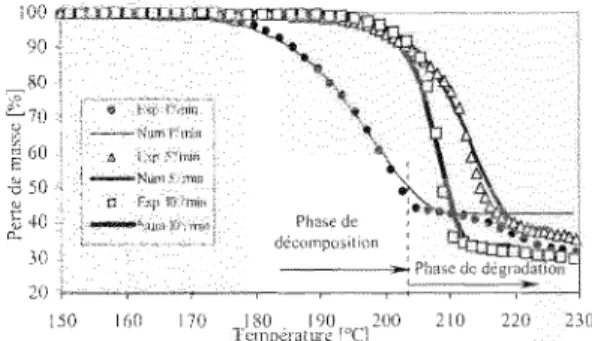 Fig.  3.  Corrélation  simulation/expérience  de  la  perte de masse du  Az120  &gt;&gt;