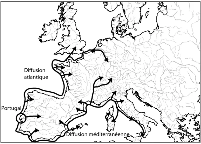 Figure 5 : Carte de diffusion des premiers campaniformes à partir de l'Estremadura portugaise