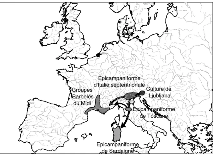 Figure 7 : Carte de diffusions et de relations entre les groupes épicampaniformes liés aux régions étudiées