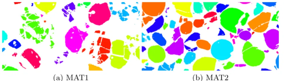 Fig. 7. Results of the fragments merging method.(a) Slice of reassembled MAT1. (b) Slice of reassembled MAT2