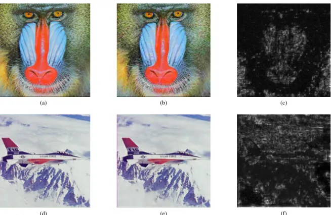 Fig. 2. Examples of WQA perceptual distortion maps: (a) and (d) are original Mandrill and Plane respectively; (b) is JPEG compressed Mandrill image; (c) is WQA perceptual distortion map of JPEG compressed Mandrill image; (e) is JPEG2000 compressed Plane im