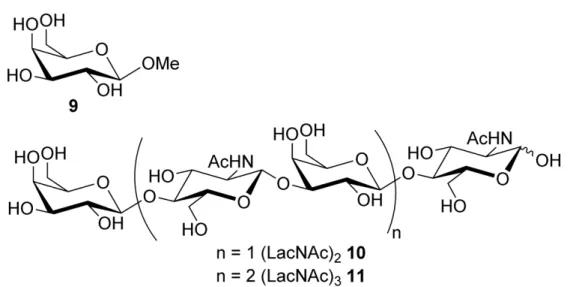 Figure 1. Reference compounds: Methyl β-D-galactopyranoside 9 and di- and tri-lactosamine 10 and 11  134x67mm (600 x 600 DPI) 