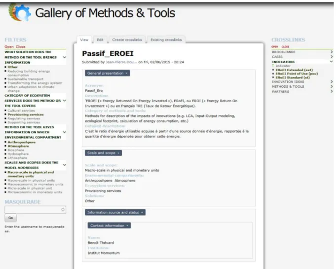 Figure 8: Présentation de l'outil EROI dans la Galerie &#34;TOOLS and METHODS&#34; dans le KIK PNR HVC 