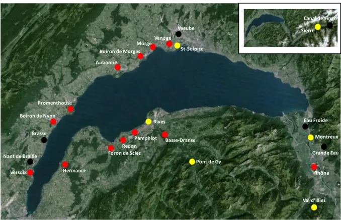 Figure 1.3 : localisation des sites étudiés sur le bassin du Léman, (en jaune : les piscicultures, en  rouge : les 13 cours d’eau présentant un intérêt majeur comme zone de reproduction)