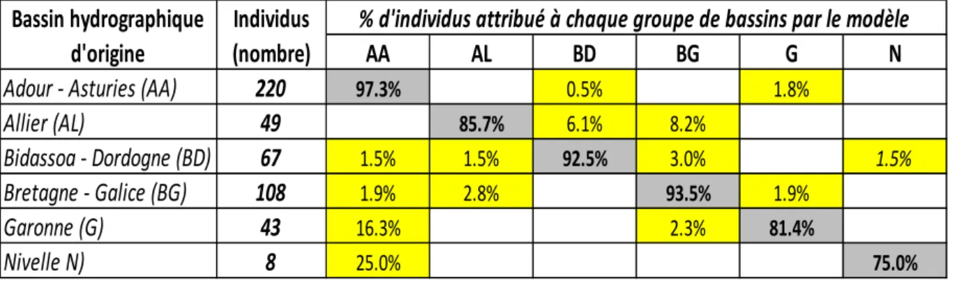 Tableau 1 : performance du « modèle bassins » en termes de % de reclassement correct  (en  gris) des individus dans leur groupe bassin d’origine et de mauvaise attribution à un autre  bassin (en jaune)
