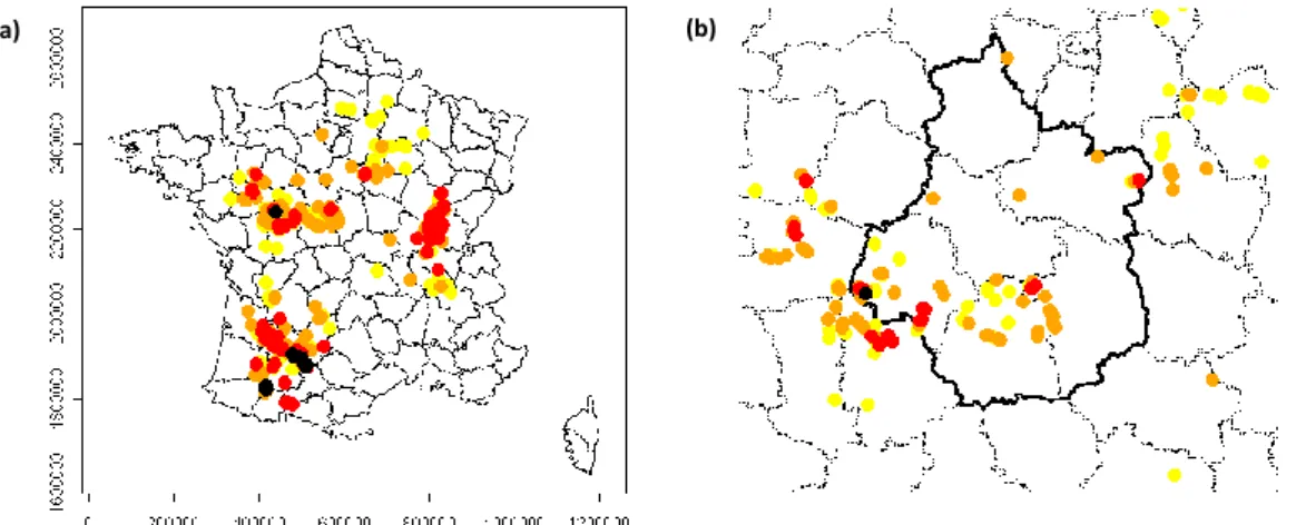 Figure 1. Localisation des signalements de puceron lanigère du peuplier entre 1996 et 2014 (a) en France et (b) en  région Centre-Val de Loire (noir : 1996-1998, rouge : 1999-2006, orange : 2007-2009, jaune : 2010-2014)