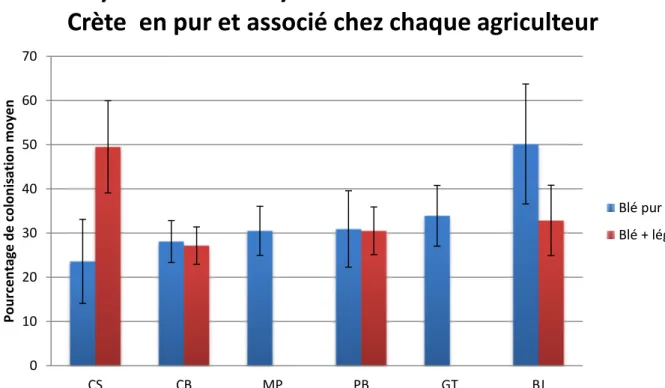 Graphique 2 : Pourcentage de colonisation moyen chez chaque agriculteur avec la variété Carré de  Crête en culture pure et associé à une légumineuse (féverole)  