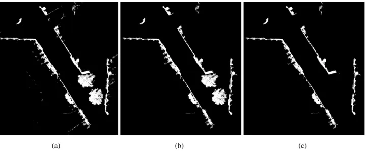 Figure 4. Façade marker extraction. Markers are represented with white pixels: (a) Points higher than h min ; (b) Points higher than h min and longer than L min ; (c) Façade markers F mark : points higher than h min , longer than L min and less circular th