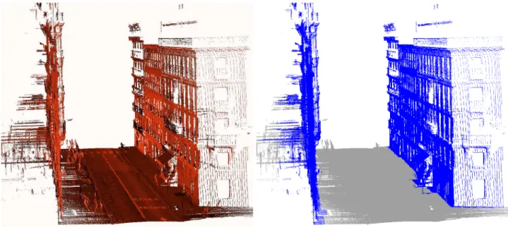 Figure 10. Façade segmentation result reprojected onto the 3D point cloud. Images correspond to two different views of the same test site in rue d’Assas in Paris, France.