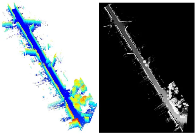 Figure 2. 3D point clouds and elevation images for a test site in Paris, France. Data acquired by Stereopolis II, IGN c France.