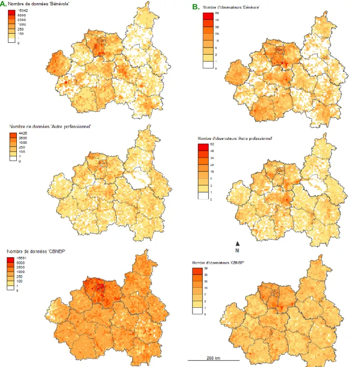 Figure 6 : A. Nombre de données et B. Nombre d'observateurs par mailles 5 x 5 km pour les trois catégories d'observateurs