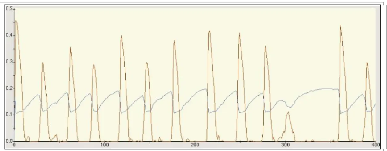 Figure  1:  A  typical  civil  unrest  pattern:  outbursts  of  violence  (red  curve)  punctuate  long  periods of stability when political tension is building up (blue curve)