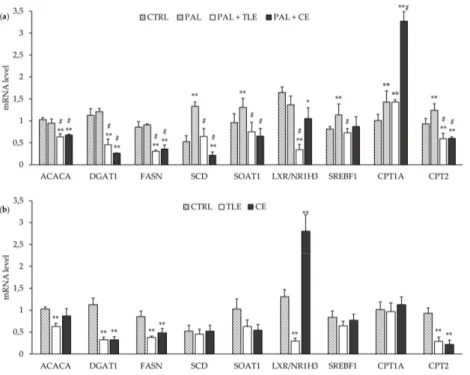 Figure 3. Impact of total lipophilic and carotenoid extracts from P. tricornutum on mRNA levels of  several genes involved in lipid metabolism regulation in palmitate (PAL)-treated HepG2 cells (a) and  control  (CTRL)  cells (b)