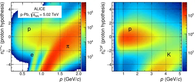 Figure 1. Proton identification with TPC (left) and TOF (right) in p-Pb collisions. The discrim- discrim-inating PID variable n σ (see text for details) is shown as a function of the momentum p of the particle