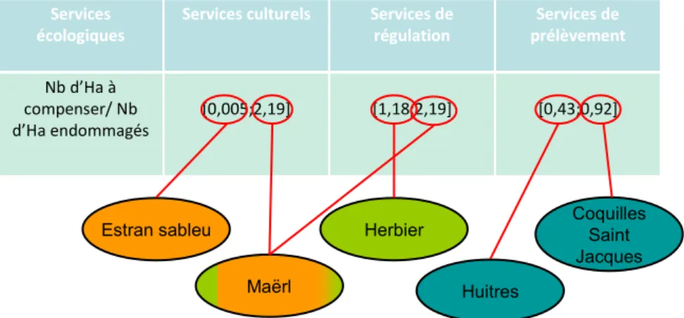 Fig. 3 : Résultats en termes de coûts physiques de compensation pour chacune des grandes  catégories de services écosystémiques, décrits selon les indicateurs de biodiversité utilisés 