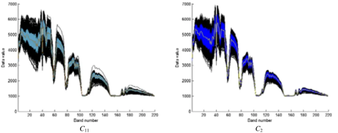 Fig. 5 Indian Pine dataset: Spectral signatures (black), average spectral signature (central curve), and standard deviation interval (blue) of the assumed homogeneous class C 7 .